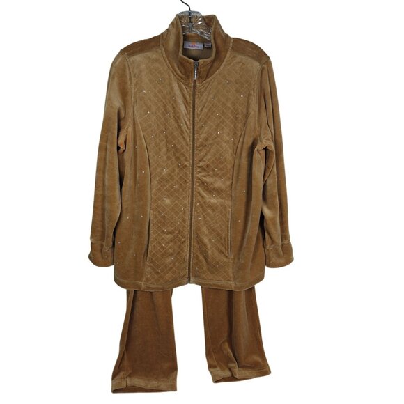 Quacker Factory Women's M Short Velour 2-Piece Set Zip Jacket & Pants Brown - Picture 1 of 12